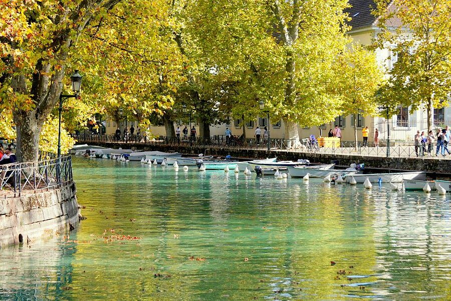 Moored boats along Annecy canal lined with golden trees