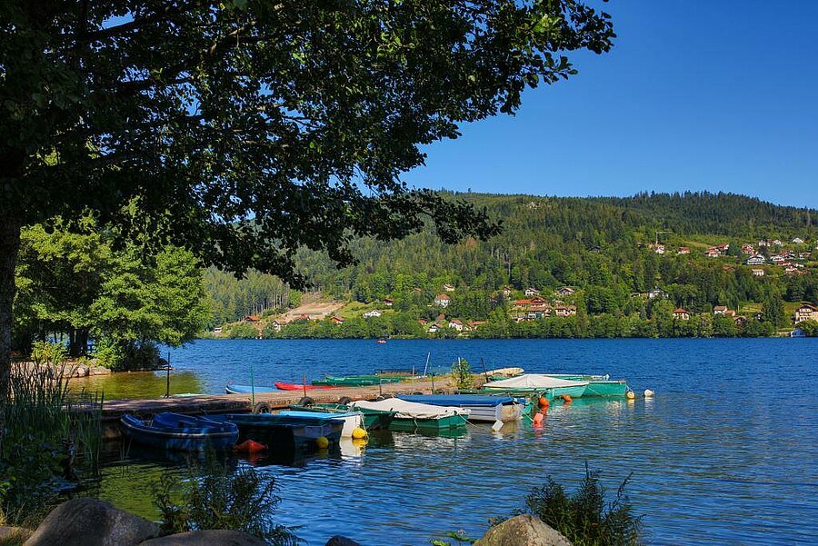 Boats moored on Lake Gérardmer surrounded by forests and mountain chalets, peaceful setting for a nature camping holiday.