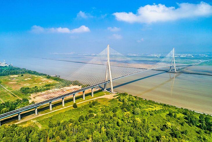 Aerial view of the Pont de Normandie near Fiquefleur-Équainville, a landmark family activity in Normandy