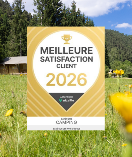 [Translate to Anglais:] Badge Prix Meilleure Satisfaction Client 2026 obtenu par les campings Sites et Paysages grâce aux avis Google des vacanciers (note moyenne 4,41/5).
