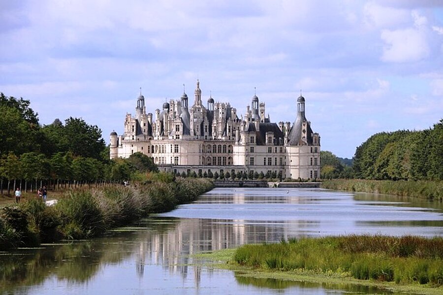 View of the majestic Château de Chambord, surrounded by greenery, an iconic symbol of the Loire Valley castles.