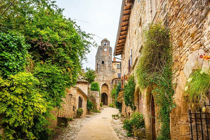 Medieval village of Bruniquel Cobbled street lined with stone houses in the medieval village of Bruniquel, near the Aveyron and Vère valleys.