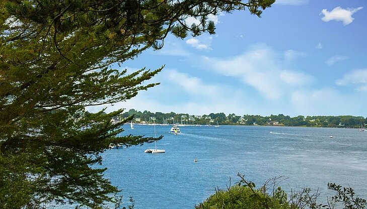 Panoramic view of Île aux Moines from the Arradon waterfront, an idyllic setting for a walk along the Gulf of Morbihan.