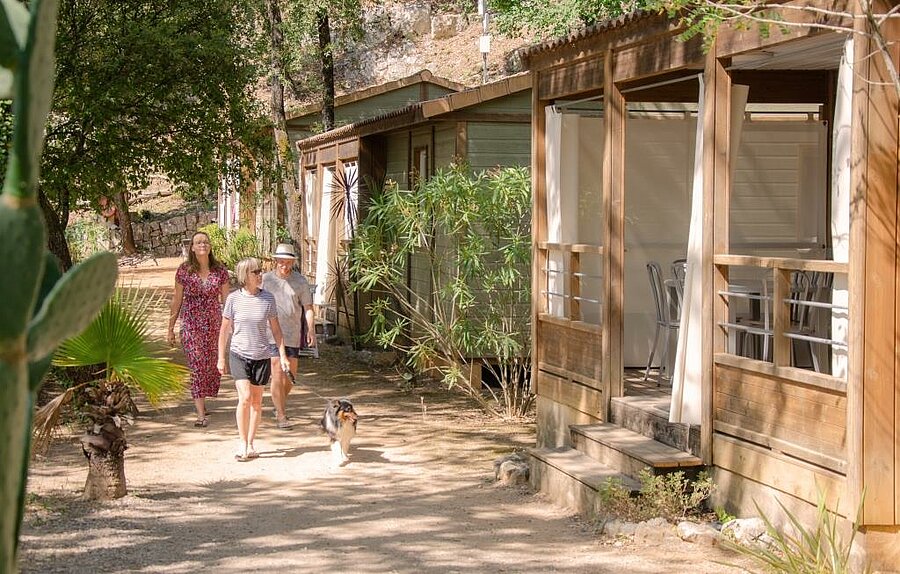 Family with dog walking past wooden chalets at a campsite in the Alpes-Maritimes, friendly and natural atmosphere in Provence.