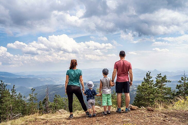 Family Mountain Hike Family admiring a mountain panorama during a hike, enjoying a refreshing nature-filled moment.