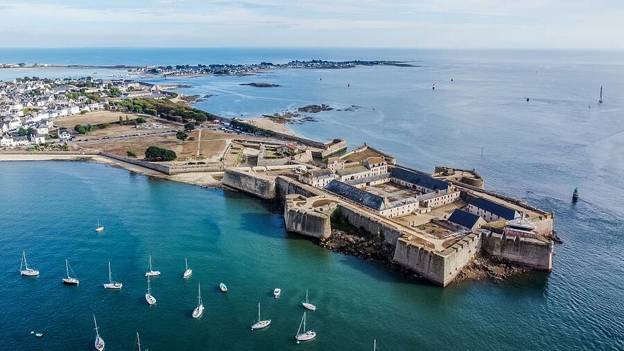 Aerial view of Port-Louis citadel facing Lorient with sailboats in the bay, close to our Lorient campsite.