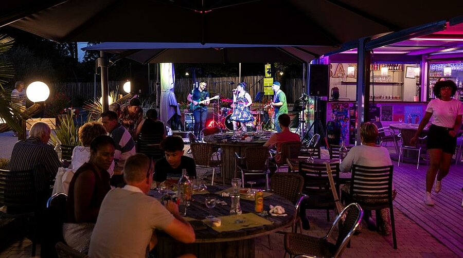 Lively camping evening with an outdoor concert, families and friends enjoying entertainment together in a warm atmosphere.