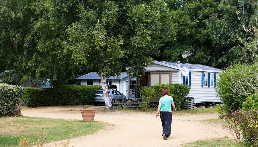 Mobile home at a green campsite near Paimpol, comfortable accommodation for a peaceful Brittany holiday.