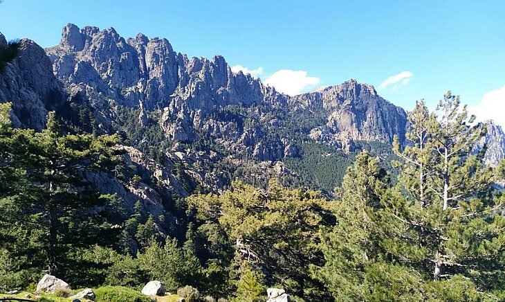 Aiguilles de Bavella massif in South Corsica, steep rocky peaks and pine forest, a prime hiking spot in Alta Rocca.