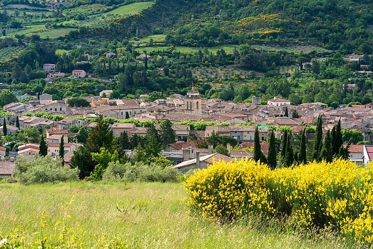 View of the village of Buis-les-Baronnies, surrounded by green hills and Provençal vegetation.