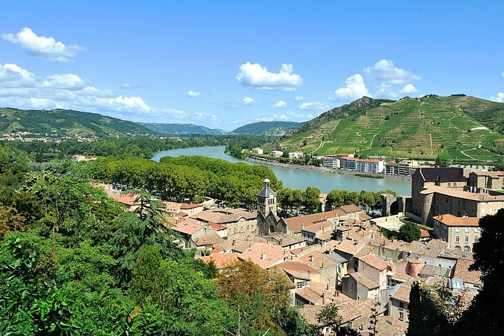 View of Tournon-sur-Rhône and the Hermitage vineyards from above, a must-see stop around Eclassan for history and nature enthusiasts.
