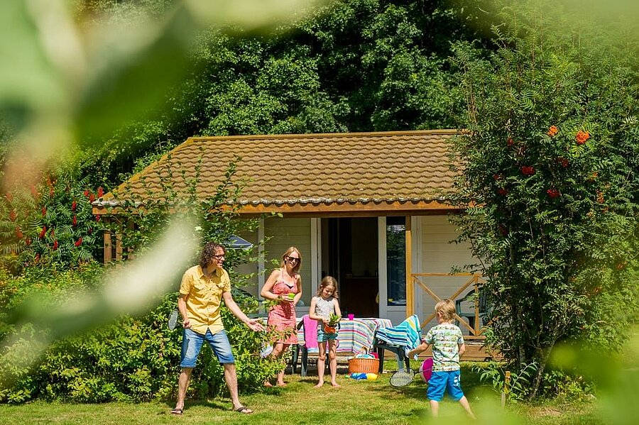 Family in front of a wooden chalet surrounded by nature at a campsite in the Vosges, ideal for a comfortable, friendly rental stay