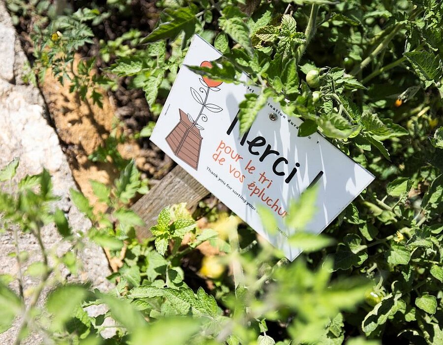 Educational sign encouraging vegetable peel sorting, placed in a garden of an eco-labeled campsite in France, symbolizing a strong environmental commitment.