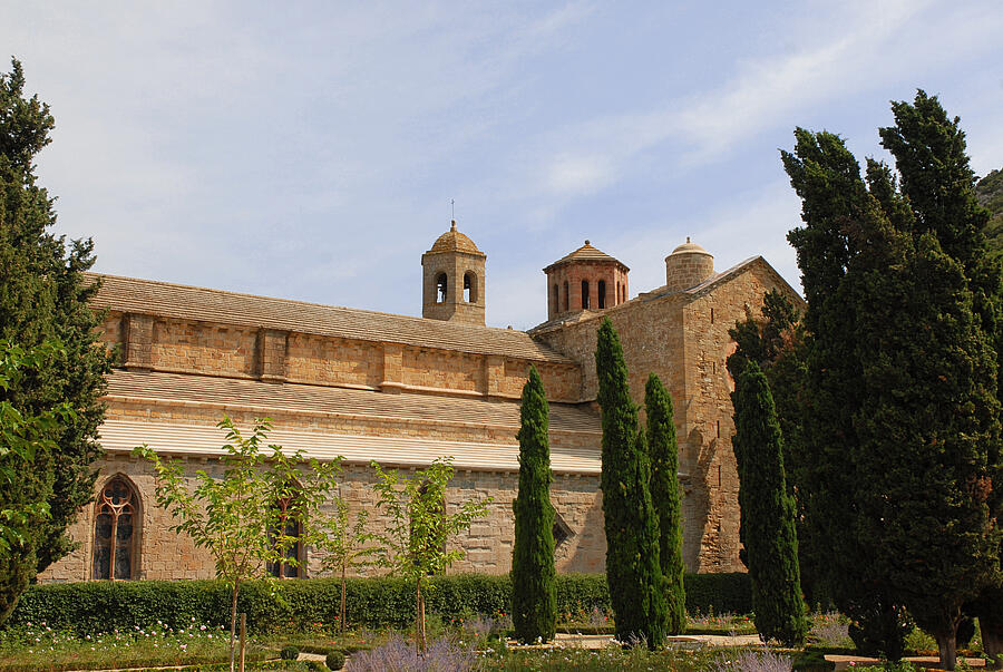 Romanesque abbey surrounded by cypress trees, typical of the historic sites you can explore while camping in the heart of Aude.