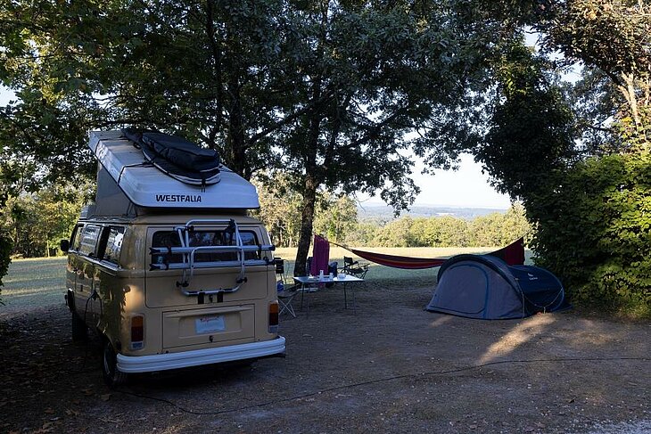 A camper van, tent and hammock set up on a shaded pitch beneath tall trees.