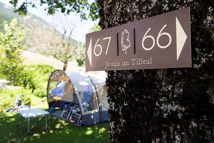 Pitch sign fixed to a tree with a tent in a green setting, symbol of eco-friendly camping close to nature.