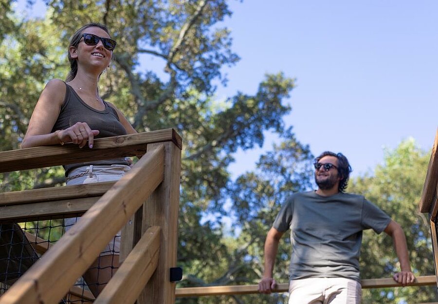 Smiling couple on a wooden terrace surrounded by trees, peaceful atmosphere for a romantic camping weekend for two.
