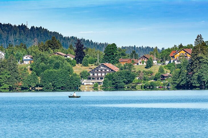 View of Lac de Gérardmer surrounded by forests and traditional houses, a must-visit to enjoy nature in the Vosges.