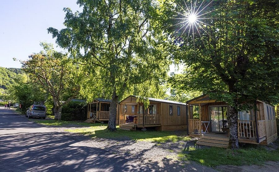 Wooden chalets shaded by trees at the campsite near Mont-Dore, comfortable accommodation in the mountain setting.