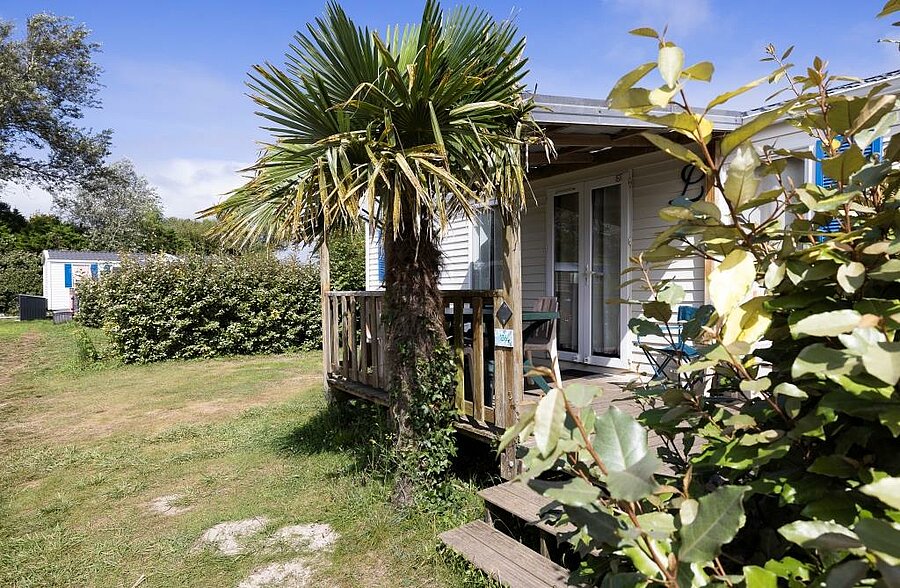 Mobile home with shaded terrace and palm trees in a green campsite near Pointe de la Torche