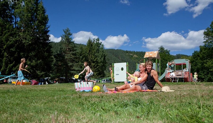 Relaxed family on the lawn near a playground at an ANWB camping site, friendly atmosphere and nature setting.