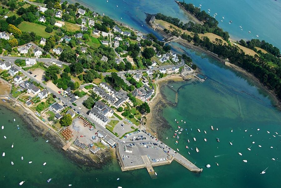Aerial view of Baden in the Morbihan Gulf, peninsula, harbour and clear waters, to explore while staying at a nearby campsite.