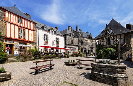Rochefort-en-Terre with timbered houses and a stone well, ideal tourist site for a camping holiday