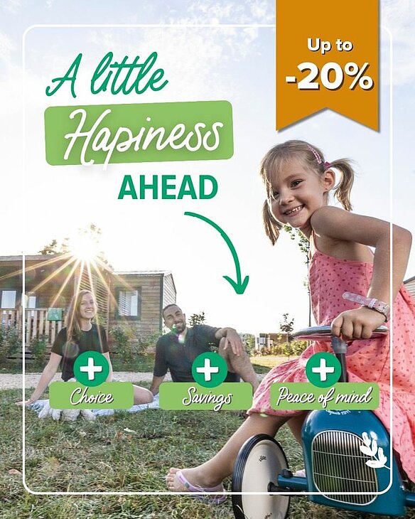 Smiling little girl on a tricycle in front of her parents at a campsite, early booking visual with up to 20% off.