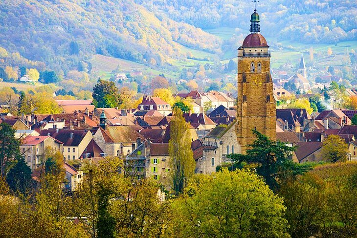 View of Arbois, an iconic wine town in the Jura, a must-visit around Mesnois.