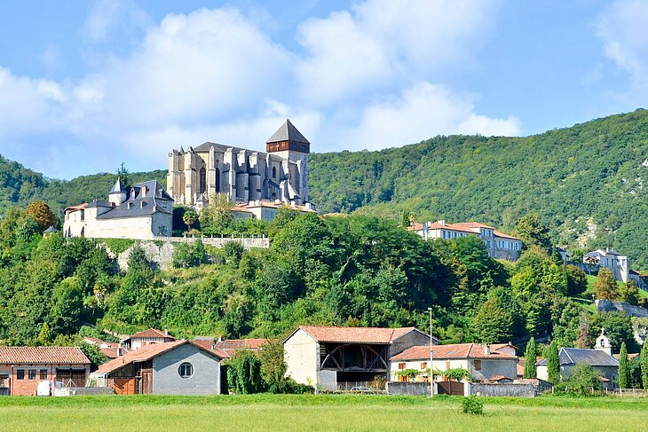 View of the village of Saint-Bertrand-de-Comminges with its majestic basilica, perched on a green hill facing the Pyrenees.