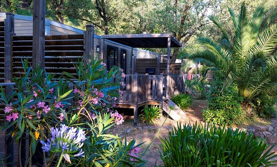 Modern mobile home surrounded by greenery in a campsite near Antibes, a peaceful and comfortable Camping Antibes rental.